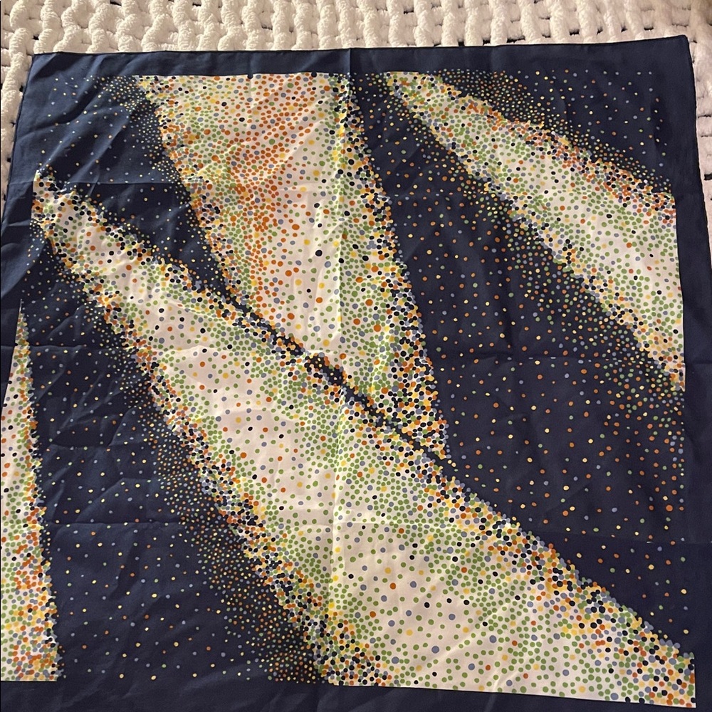 Vintage, colorful square,Polka Dot Scarf 26 x 26 in. Navy blue border. Rare.EUC